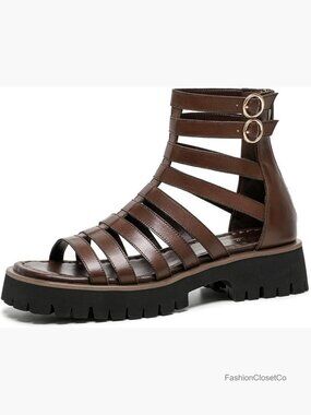 Chunky Platform Gladiator Sandals with Back Zipper, Leather Fisherman Sandals